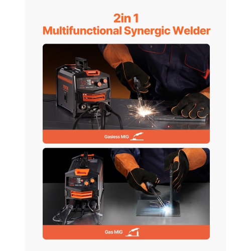 VEVOR 130A Synergic Mig Welding Machine, 2-in-1 Gas MIG/Gasless Flux Core MIG Multi-Process Welder Machine, 110V Mig Welder with IGBT Inverter