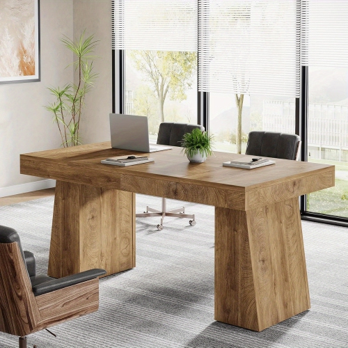 LANTINE  55.1" W Conference Table for 4-6 People, Modern Meeting Table w Thick Tabletop And Double Trapezoidal Legs, Small Wood Seminar Desk Office