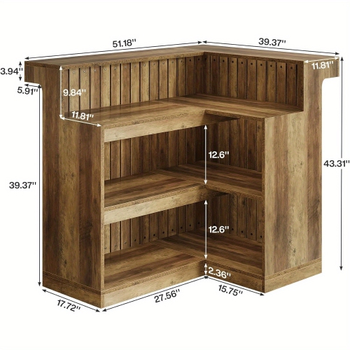 Lantine L-Shaped Home Bar Unit, 4-Tier Corner Liquor Bar Table with Storage Shelves and Wine Glasses Holder, Industrial Wine Cabinet Reception Desk
