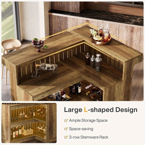 Lantine L-Shaped Home Bar Unit, 4-Tier Corner Liquor Bar Table with Storage Shelves and Wine Glasses Holder, Industrial Wine Cabinet Reception Desk