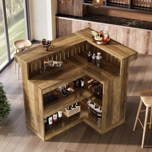 Lantine L-Shaped Home Bar Unit, 4-Tier Corner Liquor Bar Table with Storage Shelves and Wine Glasses Holder, Industrial Wine Cabinet Reception Desk