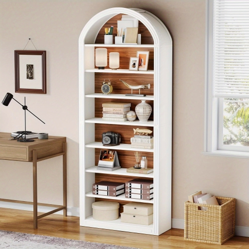 Lantine 79.5" White Arched Bookshelf, Modern Tall Arched Bookcase with Storage Shelves, 8-Tier Floor Standing Open Display Shelving Unit for Living