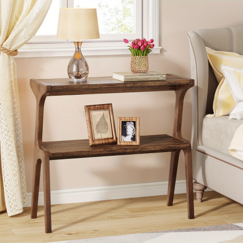 LANTINE  Farmhouse Narrow End Table, 2-Tier End Table \w Solid Wood Legs, Slim Sofa Side Table \w Storage Shelf, Long Bedside Table for Living Room