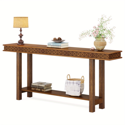 Lantine 70.9-inch extra long foyer table, wooden storage rack placed behind the sofa, two-layer entrance channel decorative table, suitable for