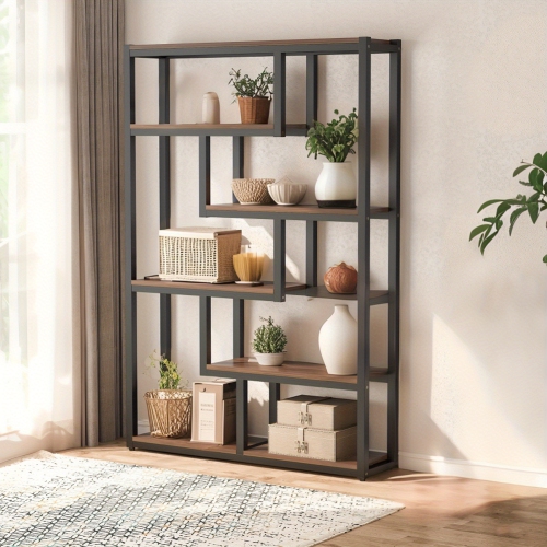 LANTINE  6-Shelf Modern Bookshelf, Modern Bookcase, 69 Inch Tall Storage Display Staggered Shelves With Sturdy Metal Frame, Deck Boxes