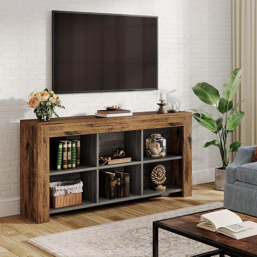 Lantine 63-Inch Long Console Table, Rustic Wood Entryway Table with 6 Storage Cubes, Industrial Narrow Sofa Table Behind Couch Table for Living Room,