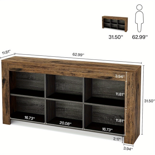 Lantine 63-Inch Long Console Table, Rustic Wood Entryway Table with 6 Storage Cubes, Industrial Narrow Sofa Table Behind Couch Table for Living Room,