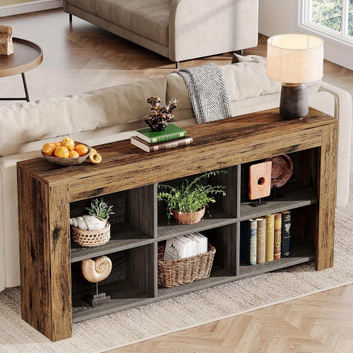 Lantine 63-Inch Long Console Table, Rustic Wood Entryway Table with 6 Storage Cubes, Industrial Narrow Sofa Table Behind Couch Table for Living Room,