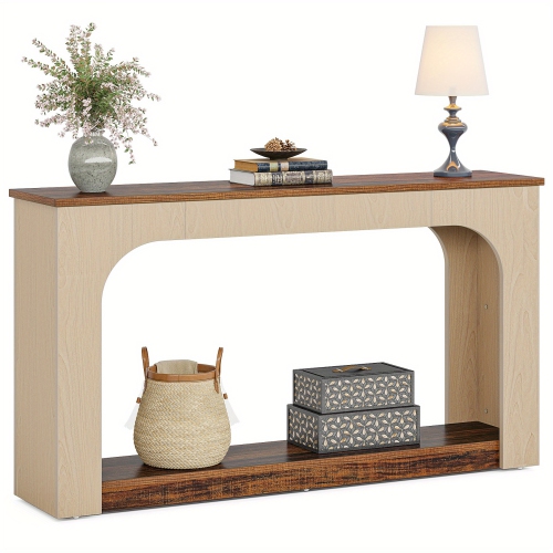 Console Lantine de 55&nbsp;po avec lampes LED, table de canapé étroite à 2 niveaux, entrée en bois champêtre pour le salon et le corridor, brun