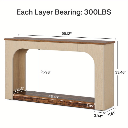 Console Lantine de 55&nbsp;po avec lampes LED, table de canapé étroite à 2 niveaux, entrée en bois champêtre pour le salon et le corridor, brun