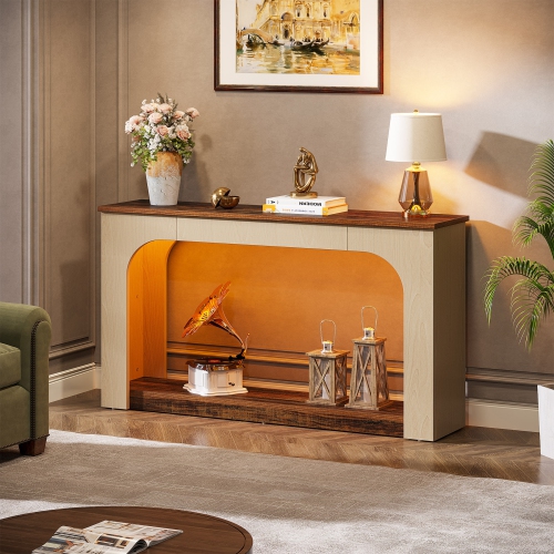 Console Lantine de 55&nbsp;po avec lampes LED, table de canapé étroite à 2 niveaux, entrée en bois champêtre pour le salon et le corridor, brun