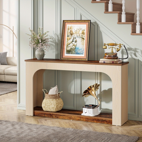 Console Lantine de 55&nbsp;po avec lampes LED, table de canapé étroite à 2 niveaux, entrée en bois champêtre pour le salon et le corridor, brun