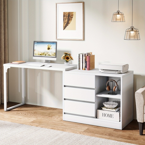 Lantine Vanity Desk with 3 Drawers and 2 Shelves, White Small Makeup Vanity Table with Reversible Storage Cabinet, Modern White Corner Dressing