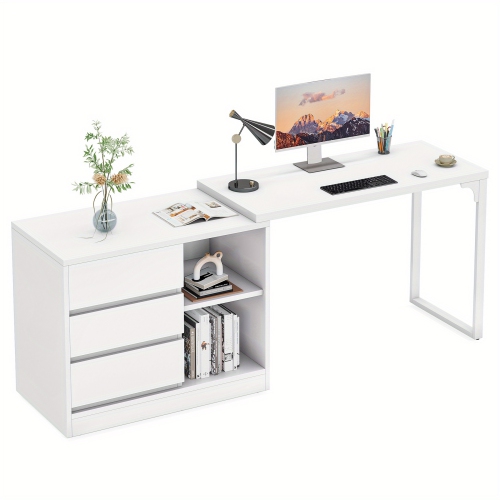Lantine Vanity Desk with 3 Drawers and 2 Shelves, White Small Makeup Vanity Table with Reversible Storage Cabinet, Modern White Corner Dressing