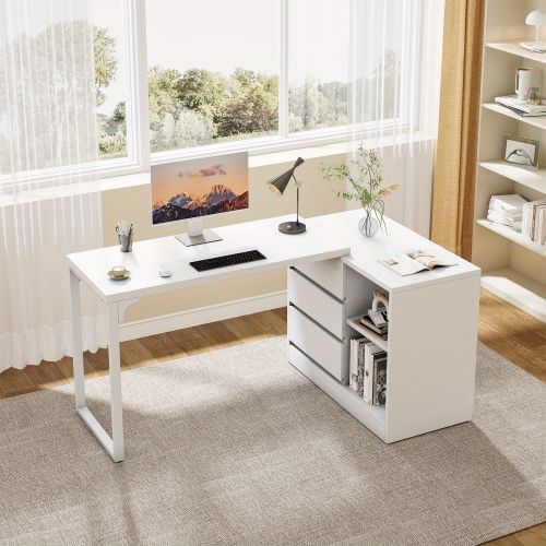 Lantine Vanity Desk with 3 Drawers and 2 Shelves, White Small Makeup Vanity Table with Reversible Storage Cabinet, Modern White Corner Dressing