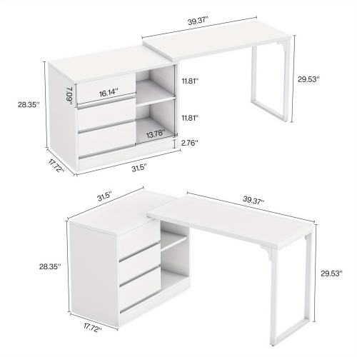 Lantine Vanity Desk with 3 Drawers and 2 Shelves, White Small Makeup Vanity Table with Reversible Storage Cabinet, Modern White Corner Dressing