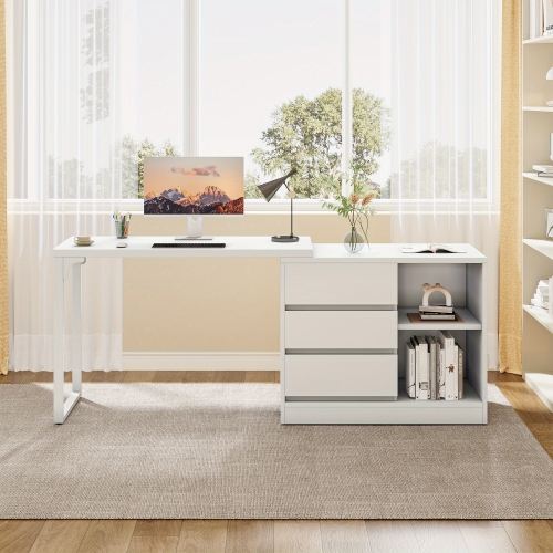 Lantine Vanity Desk with 3 Drawers and 2 Shelves, White Small Makeup Vanity Table with Reversible Storage Cabinet, Modern White Corner Dressing
