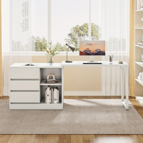 Lantine Vanity Desk with 3 Drawers and 2 Shelves, White Small Makeup Vanity Table with Reversible Storage Cabinet, Modern White Corner Dressing