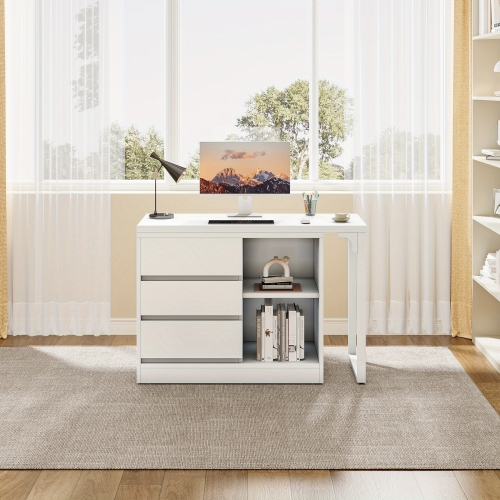 Lantine Vanity Desk with 3 Drawers and 2 Shelves, White Small Makeup Vanity Table with Reversible Storage Cabinet, Modern White Corner Dressing