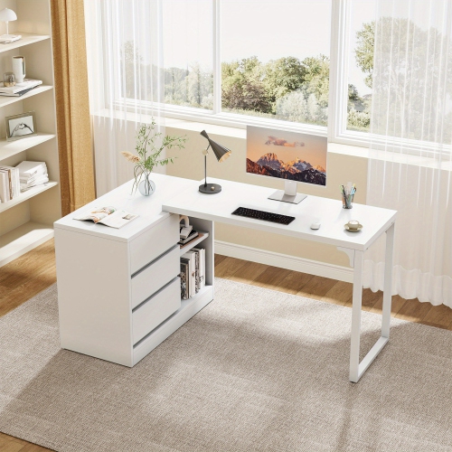 Lantine Vanity Desk with 3 Drawers and 2 Shelves, White Small Makeup Vanity Table with Reversible Storage Cabinet, Modern White Corner Dressing