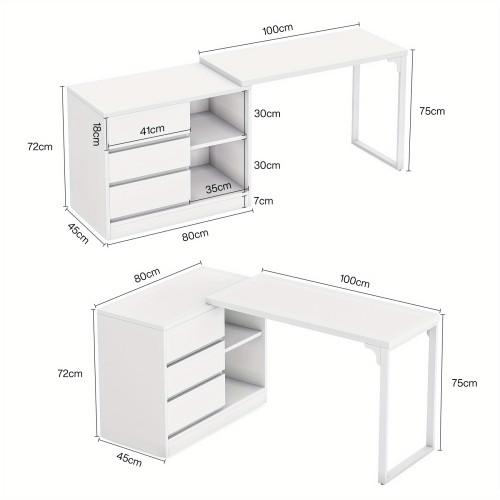 Lantine Vanity Desk with 3 Drawers and 2 Shelves, White Small Makeup Vanity Table with Reversible Storage Cabinet, Modern White Corner Dressing