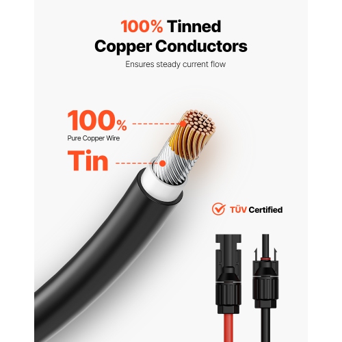 VEVOR 30FT Solar Panel Extension Cable, 10AWG Solar Extension Cable Wire with Female & Male Waterproof Connectors, 6mm² PV Cable RV Solar Panels,