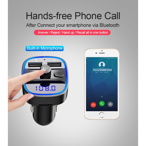Émetteur FM pour l'auto, chargeur de voiture double, lecteur MP3 Bluetooth prenant en charge la téléphonie mains libres, carte TF et disque USB