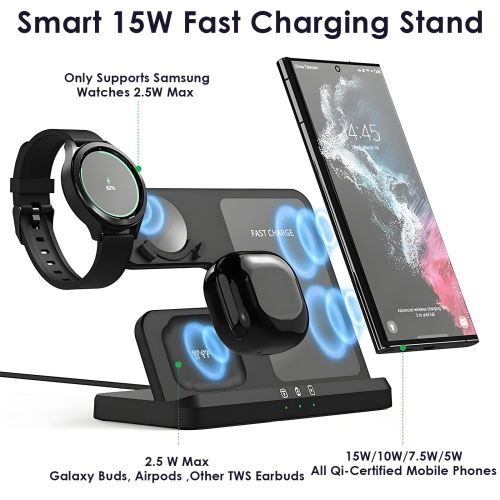 3 in 1 Wireless Charging Station for Galaxy Watch Compatible with Apple, Samsung Phones