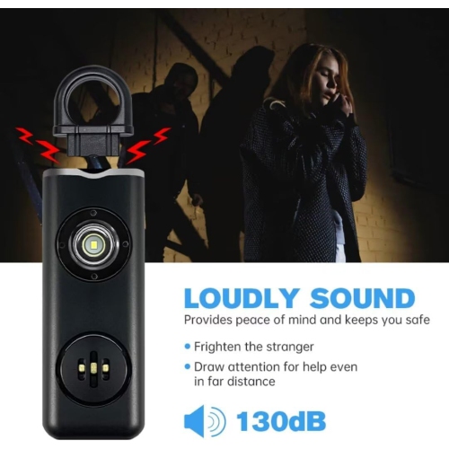 Small Self Defense Keychain Siren SOS with Rechargeable LED Light to Help Elderly and Children in Emergency Situations, Black 1-Pack All-in-One