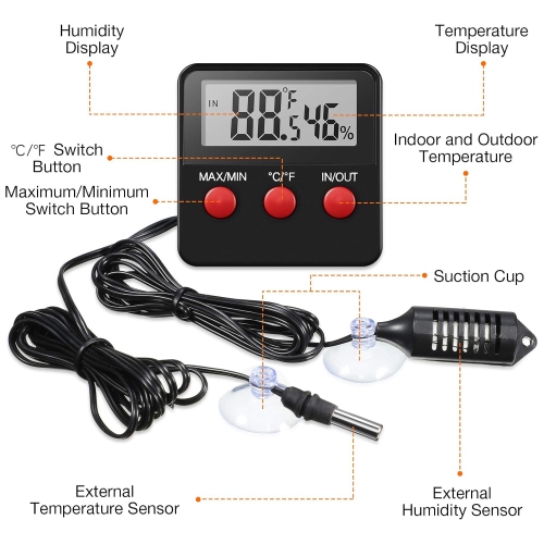 Reptile thermometer and hygrometer Reptile breeding box thermometer and hygrometer with probe Indoor and outdoor digital pet temperature counter