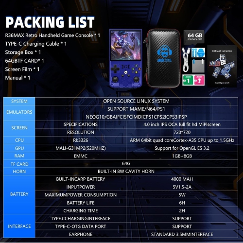 R36MAX Retro Game Console, 18000+ HD Games Mini Retro Video Game Console, 4.0" IPS Screen, 4000 mAh Portable Battery, 64GB Memory, Portable Arcade