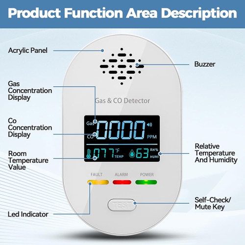 4 in 1 composite detector, indoor CO gas alarm with temperature and humidity display sensor, long plug gas detector