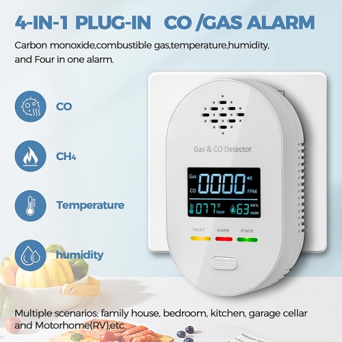 4 in 1 composite detector, indoor CO gas alarm with temperature and humidity display sensor, long plug gas detector