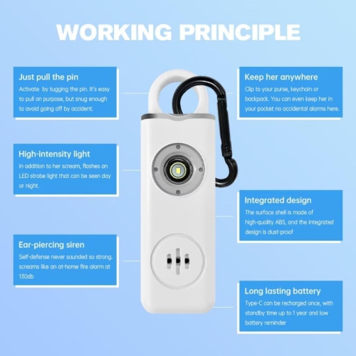Small Self Defense Keychain Siren SOS with Rechargeable LED Light to Help Elderly and Children in Emergency Situations, White 1-Pack All-in-One