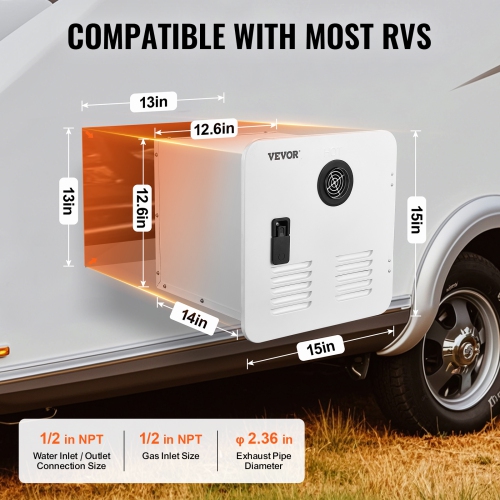 VEVOR 65000BTU RV Tankless Water Heater, Instant Shower with 15 x 15 inches White Door and Remote Controller, Optimized Comfort Performance Hot