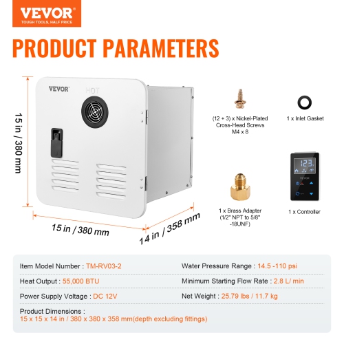 VEVOR 55000BTU RV Tankless Water Heater, Instant Shower with 15 x 15 inches White Door and Remote Controller, Optimized Comfort Performance Hot
