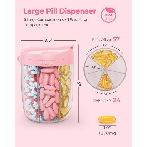 Large Pill Dispenser with 6 Compartments, Anti-Mix Pill Bottle Organizer with Wide Opening & Easy Retrieval, Vitamin Organizer for Travel