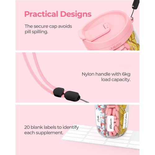 Large Pill Dispenser with 6 Compartments, Anti-Mix Pill Bottle Organizer with Wide Opening & Easy Retrieval, Vitamin Organizer for Travel