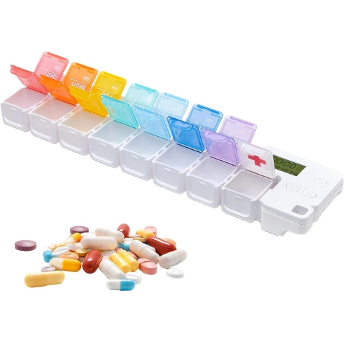 Smart compartment medicine box reminder - 14 compartments sealed and leak-proof design, large screen alarm reminder, portable medicine management box