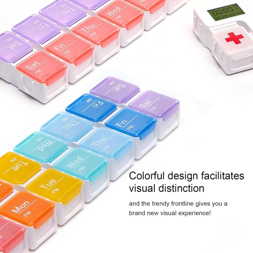 Smart compartment medicine box reminder - 14 compartments sealed and leak-proof design, large screen alarm reminder, portable medicine management box