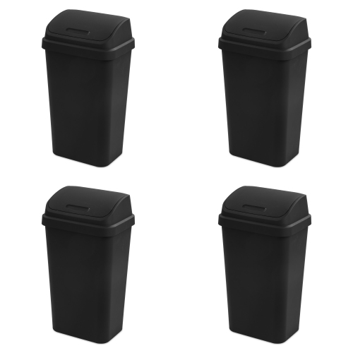 Sterilite 13 Gallon Swing Top Lidded Wastebasket Kitchen Trash Can, Black 4 Pack
