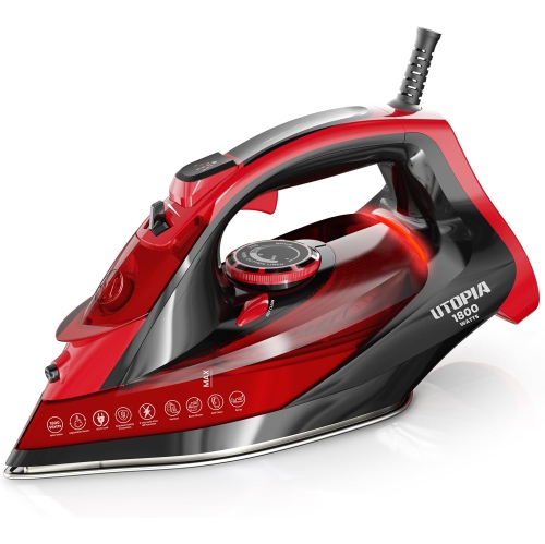 Utopia Home Steam Iron for Clothes - 1800W, Non-Stick Soleplate, Adjustable Thermostat, Auto-Off, Self-Clean, 8 Feet Cord, Red/Black