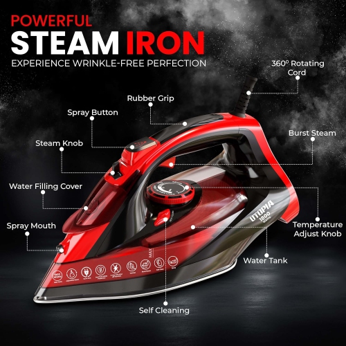 Utopia Home Steam Iron for Clothes - 1800W, Non-Stick Soleplate, Adjustable Thermostat, Auto-Off, Self-Clean, 8 Feet Cord, Red/Black