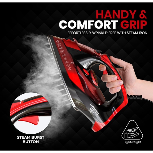 Utopia Home Steam Iron for Clothes - 1800W, Non-Stick Soleplate, Adjustable Thermostat, Auto-Off, Self-Clean, 8 Feet Cord, Red/Black