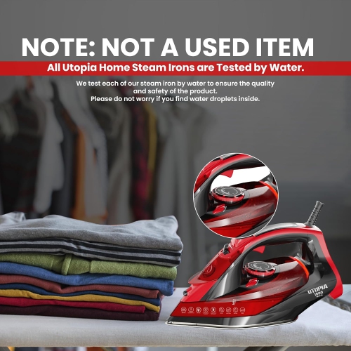 Utopia Home Steam Iron for Clothes - 1800W, Non-Stick Soleplate, Adjustable Thermostat, Auto-Off, Self-Clean, 8 Feet Cord, Red/Black