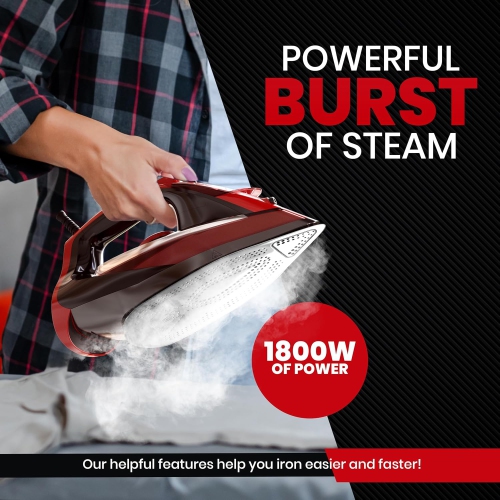 Utopia Home Steam Iron for Clothes - 1800W, Non-Stick Soleplate, Adjustable Thermostat, Auto-Off, Self-Clean, 8 Feet Cord, Red/Black