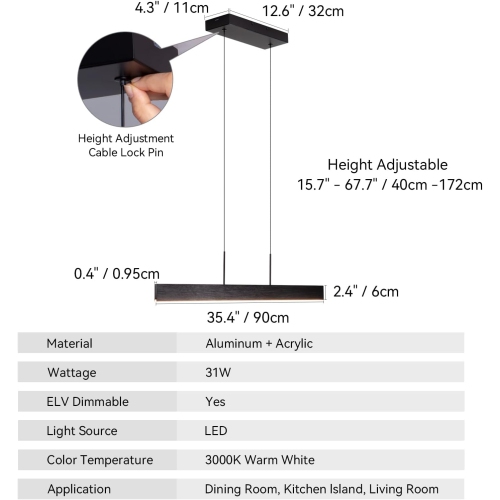Linear LED – Luminaire suspendu noir, luminaires de salle à manger à intensité réglable 31 W, plafonniers modernes pour îlot de cuisine, lustre