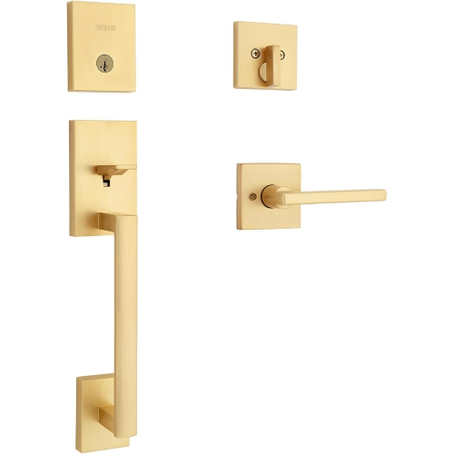 Weiser San Clemente Satin Brass Front Door Lock and Handle Set, Deadbolt Lock and Handleset with Halifax Interior Door Handle