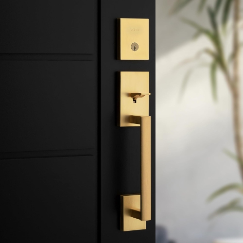 Weiser San Clemente Satin Brass Front Door Lock and Handle Set, Deadbolt Lock and Handleset with Halifax Interior Door Handle