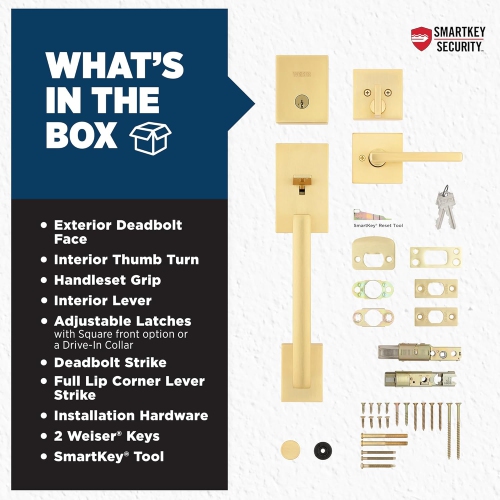 Weiser San Clemente Satin Brass Front Door Lock and Handle Set, Deadbolt Lock and Handleset with Halifax Interior Door Handle
